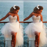A Line Sweetheart Short Beach Pearl Hi-Lo Tulle White Wedding Dresses MyChicDress